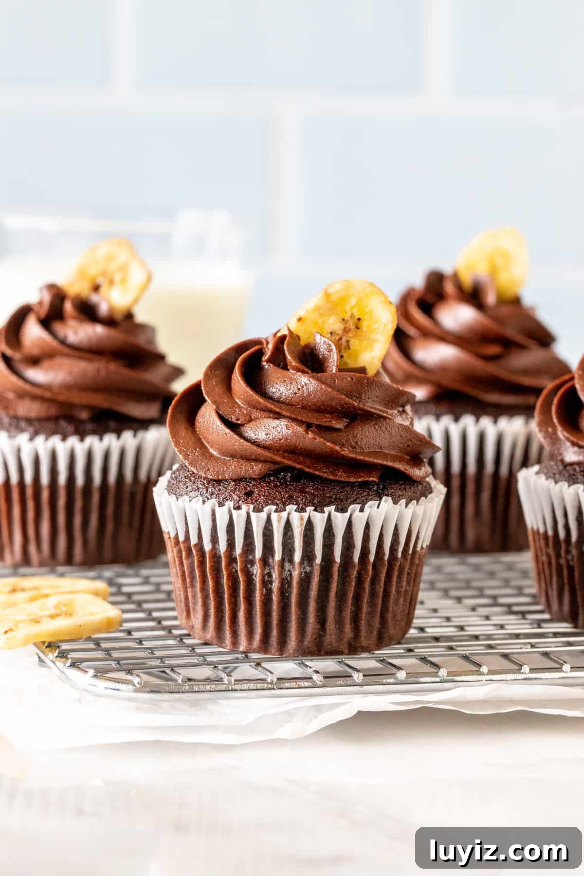 Double Chocolate Banana Cupcakes Recipe — Moist Chocolate Banana Treats 2 Chocolate banana cupcakes on a wire rack