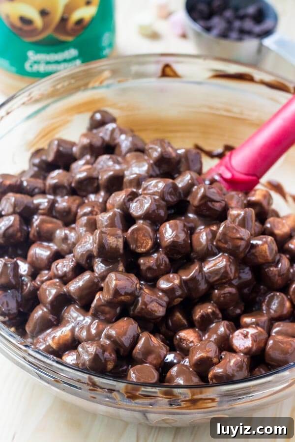 Bowl of chocolate confetti square batter made from melted butter, peanut butter, chocolate chips and mini rainbow marshmallows.