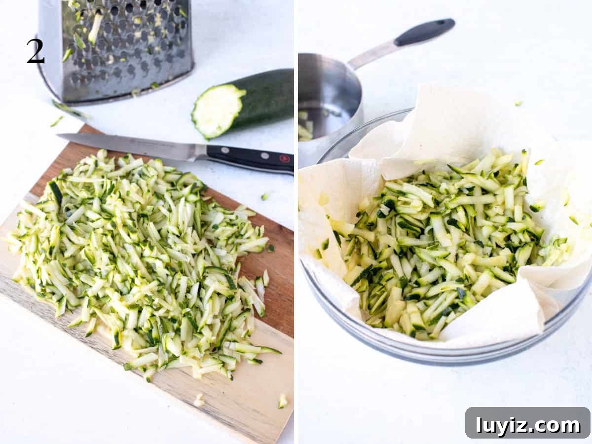 Moist Chocolate Zucchini Cake Recipe with Cocoa and Olive Oil 4 Grated zucchini on a cutting board and grated zucchini in a bowl lined with paper towel