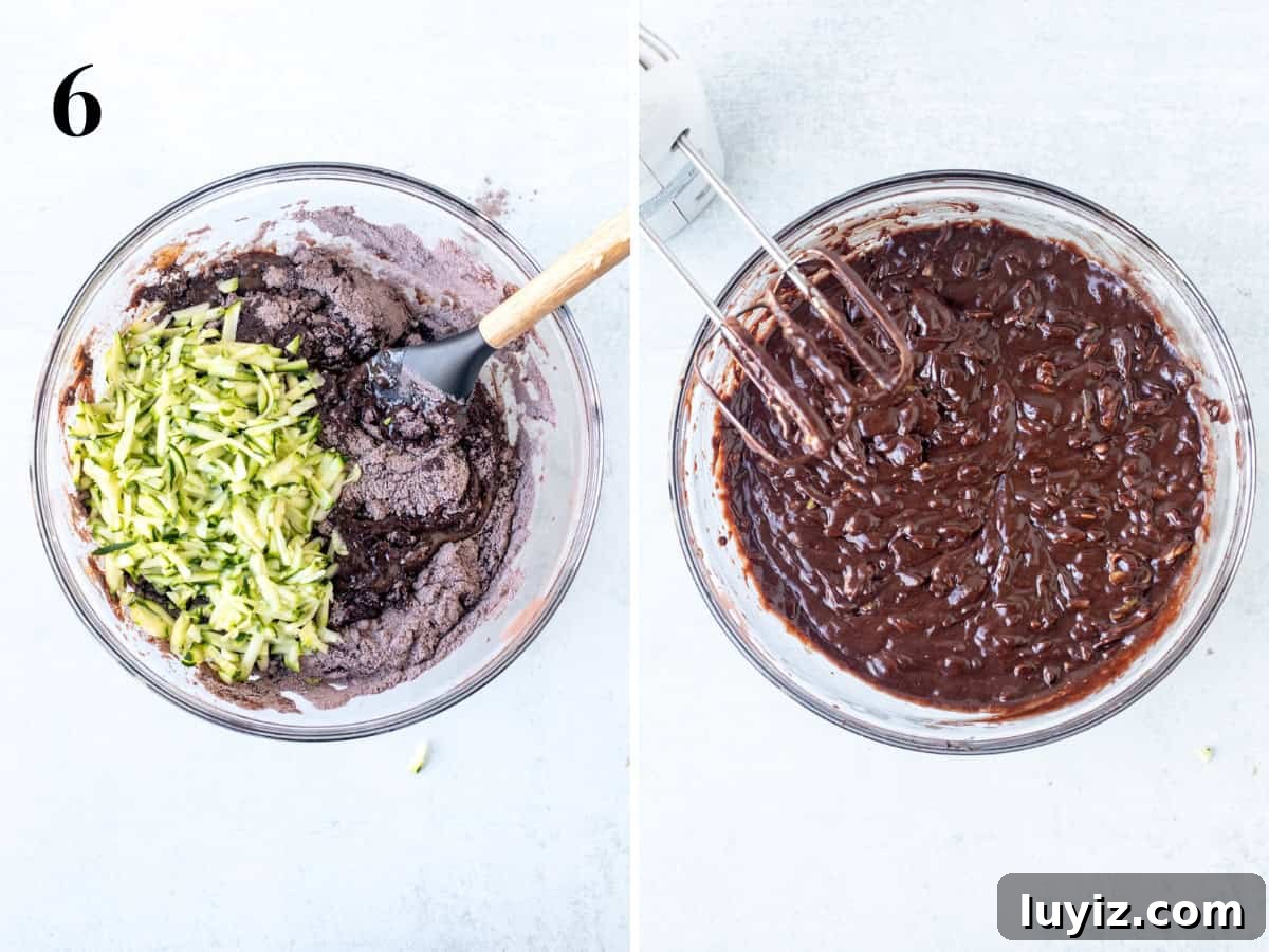Moist Chocolate Zucchini Cake Recipe with Cocoa and Olive Oil 5 Bowl of chocolate cake batter with shredded zucchini added, and bowl of chocolate zucchini cake batter