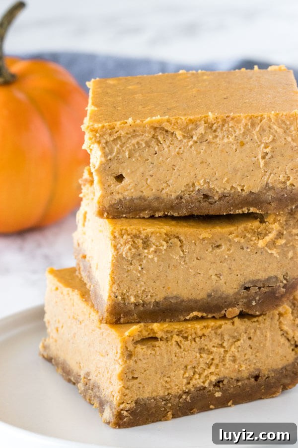 Pumpkin Cheesecake Bars Recipe — Creamy Fall Dessert Bars 3 3 pieces of pumpkin cheesecake bars stacked on a white plate.