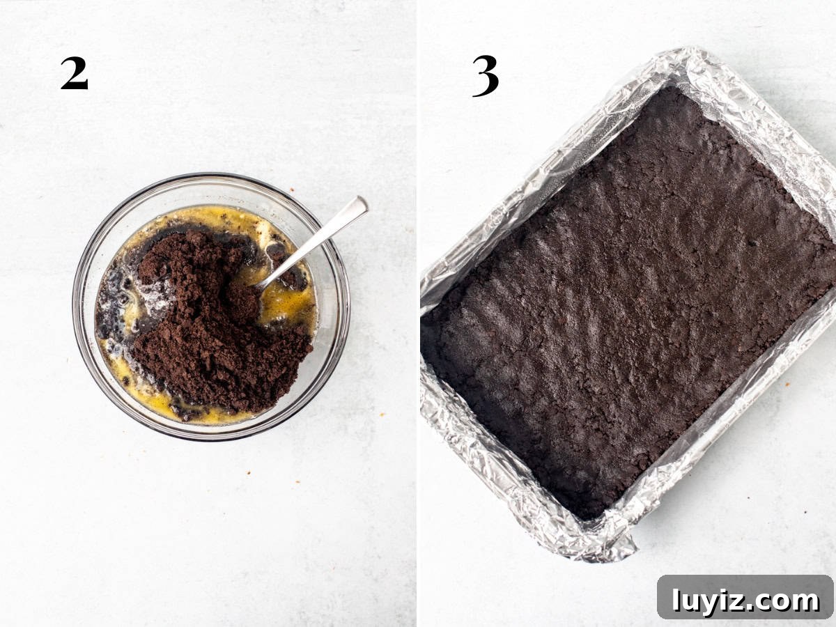 Decadent Chocolate Cheesecake Bars Recipe for Chocolate Lovers 4 Bowl of crushed Oreo cookies and melted butter and 9x13 inch pan with Oreo cookie crust.