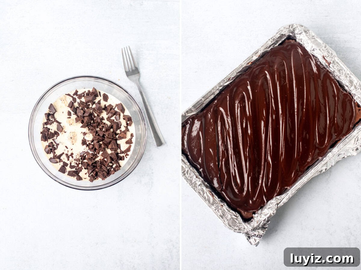 Decadent Chocolate Cheesecake Bars Recipe for Chocolate Lovers 6 Bowl with chopped chocolate and whipped cream, and pan of chocolate cheesecake bars topped with chocolate ganache