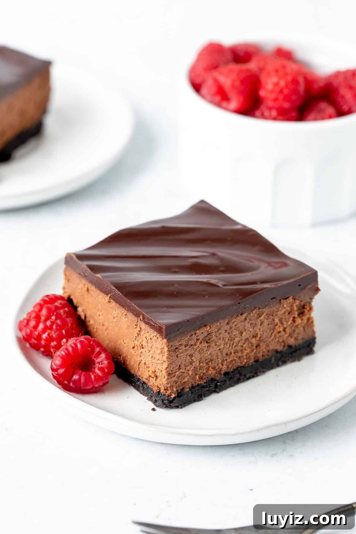 Decadent Chocolate Cheesecake Bars Recipe for Chocolate Lovers 7 Chocolate cheesecake bar topped with chocolate ganache on a plate, with raspberries