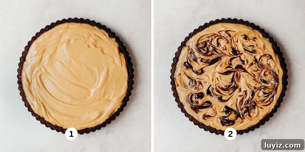 Chocolate Peanut Butter Swirl Tart Recipe — Decadent No-Bake Dessert 8 First image is adding peanut butter filling to a sandwich cookie crust in a round tart pan on a white background. Second image is chocolate peanut butter tart with chocolate syrup swirled on top.