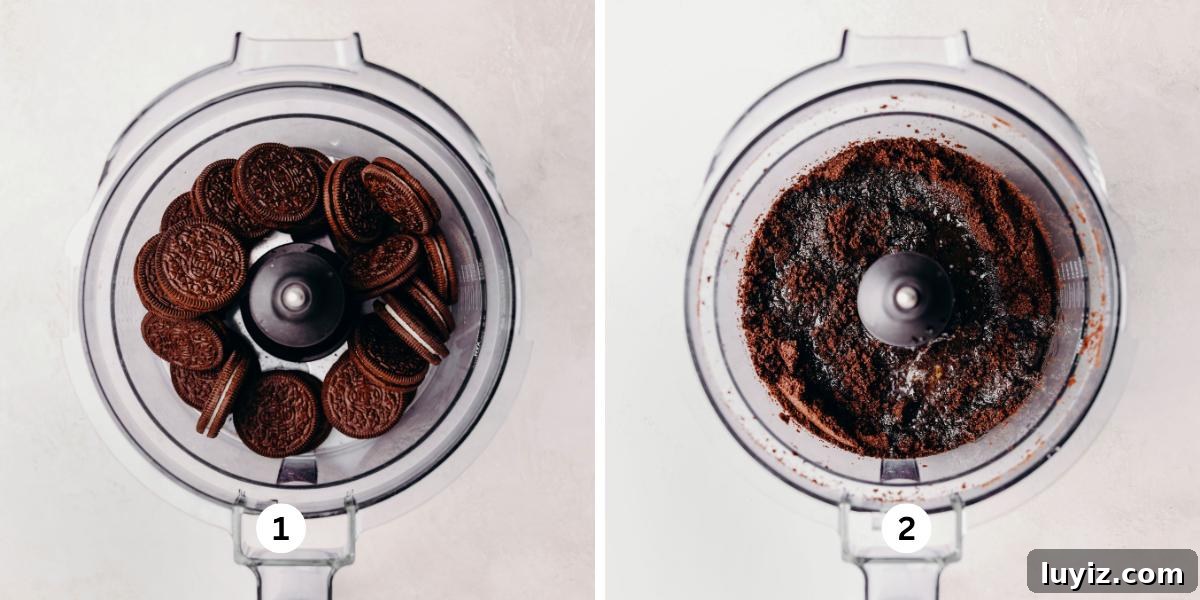 Chocolate Peanut Butter Swirl Tart Recipe — Decadent No-Bake Dessert 5 Chocolate sandwich cookies in a food processor, then processed with melted butter on a white background.