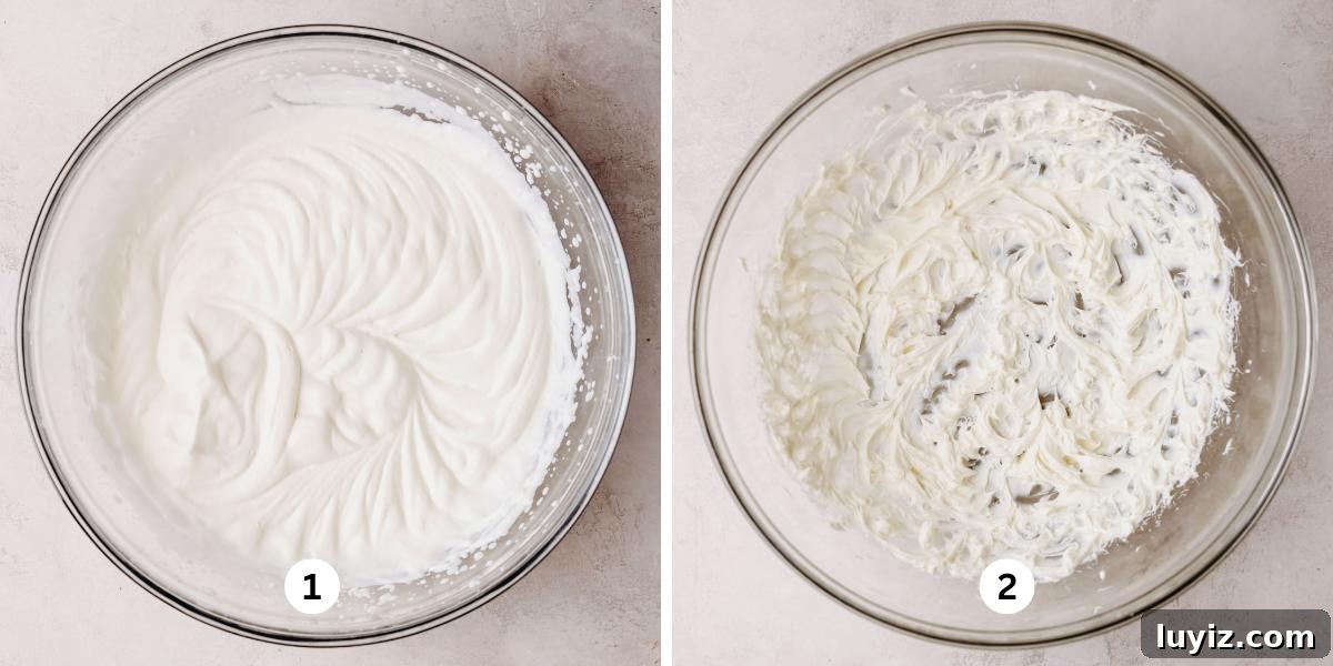 Chocolate Peanut Butter Swirl Tart Recipe — Decadent No-Bake Dessert 7 First image is whisking heavy cream in a large glass bowl on a white background. Second image is beating cream cheese until light and fluffy in a large glass bowl on a white background.