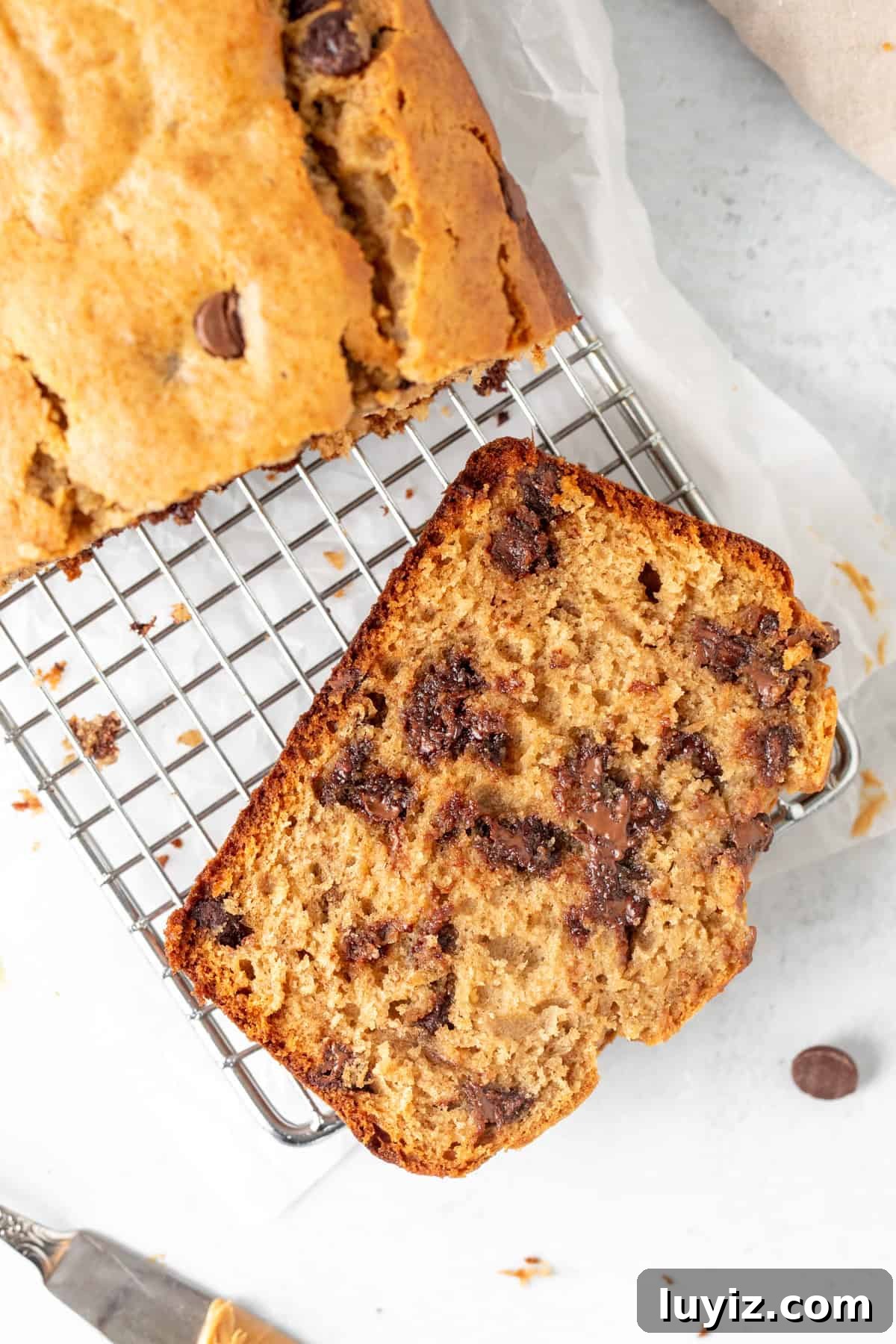 Moist Peanut Butter Banana Bread Recipe with Chocolate Swirl 3 Slice of peanut butter banana bread on a cooling rack