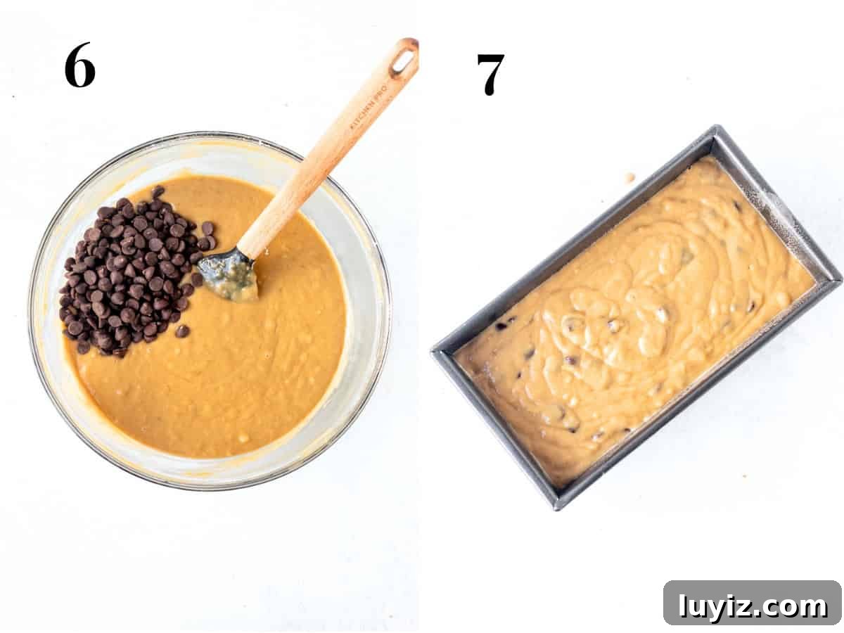 Moist Peanut Butter Banana Bread Recipe with Chocolate Swirl 6 Bowl of peanut butter banana bread batter with chocolate chips added to the bowl, and loaf pan of unbaked peanut butter banana bread