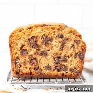 Moist Peanut Butter Banana Bread Recipe with Chocolate Swirl 9 Peanut butter banana bread loaf, with slices cut