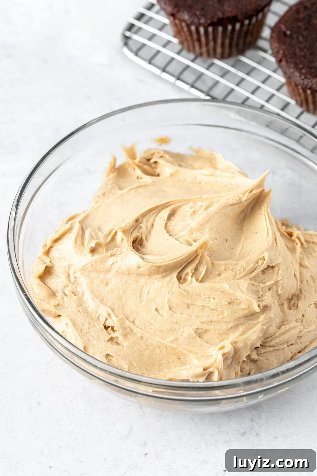 Creamy Peanut Butter Frosting Recipe for Cakes and Cupcakes 5 Bowl of peanut butter buttercream