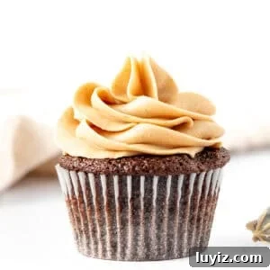 Chocolate cupcakes piped with peanut butter frosting