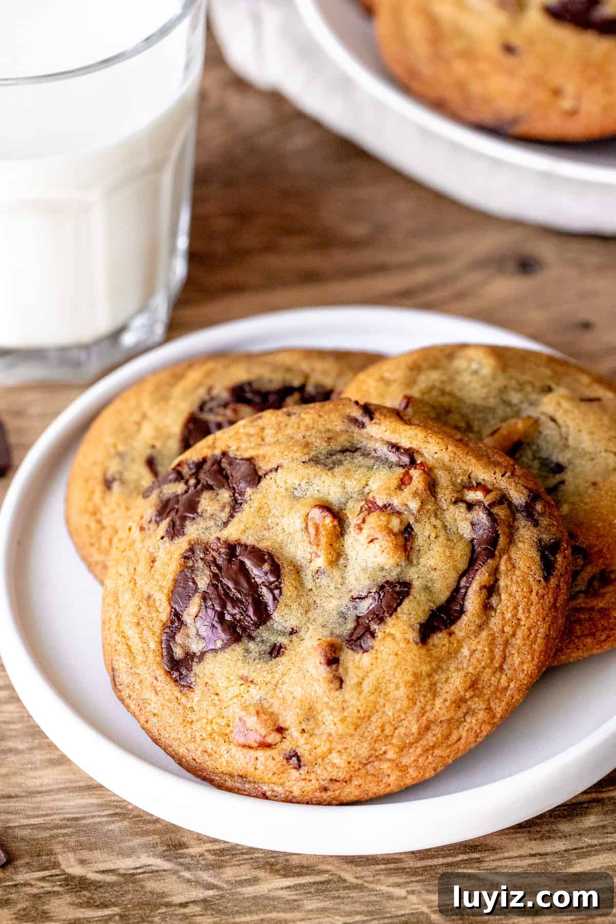 Brown Butter Pecan Chocolate Chip Cookies Recipe 2 Plate of pecan chocolate chip cookies