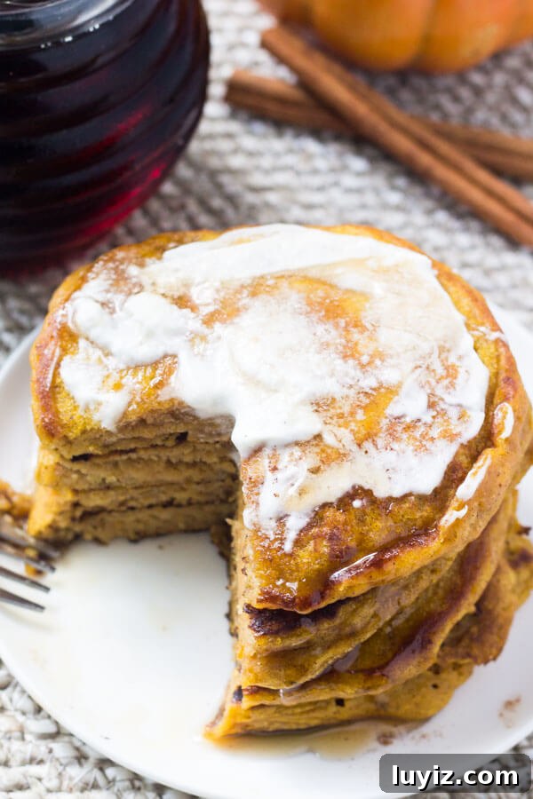 Fluffy Pumpkin Pancakes Recipe with Cinnamon Maple Glaze 2 If you're looking for the perfect fall breakfast - look no further. These fluffy pumpkin pancakes are filled with cinnamon, vanilla, a hint of brown sugar, and of course - lots of pumpkin.