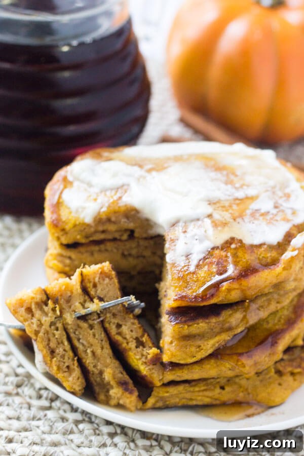 Fluffy Pumpkin Pancakes Recipe with Cinnamon Maple Glaze 4 If you're looking for the perfect fall breakfast - look no further. These fluffy pumpkin pancakes are filled with cinnamon, vanilla, a hint of brown sugar, and of course - lots of pumpkin.