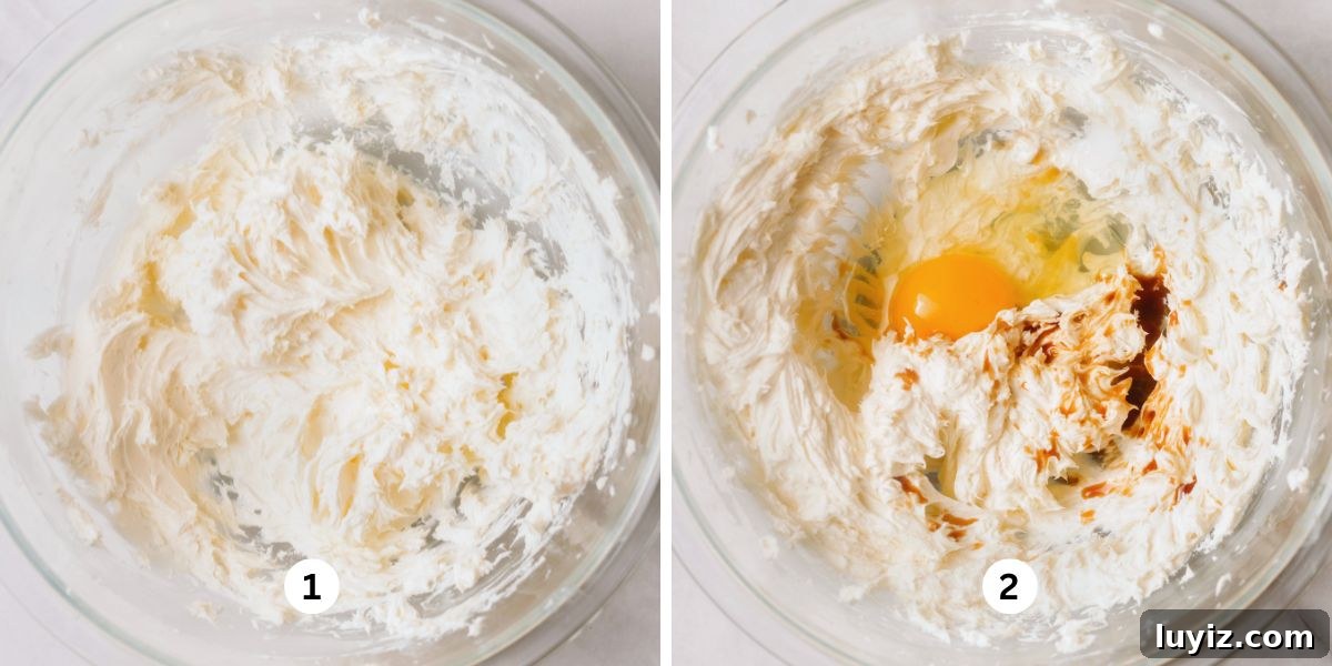 Funfetti Butter Cookies Recipe with Sprinkle-Filled Shortbread 5 Blending cream cheese and unsalted butter together, then adding an egg and vanilla extract in a large glass bowl on a white background.