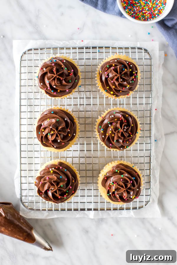 Moist Yellow Cupcakes Topped with Rich Chocolate Frosting 3 6 cupcakes with chocolate frosting on a cooling rack.