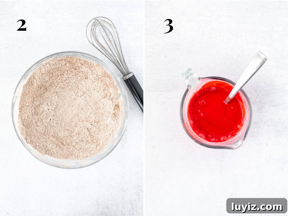Classic Red Velvet Cake Recipe for Moist, Perfect Layers 7 Bowl of dry ingredients and bowl of wet ingredients whisked together