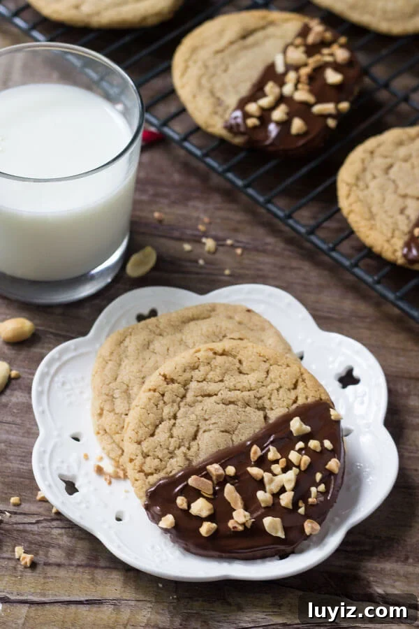 Chocolate-Dipped Peanut Butter Cookies with Crispy Chocolate Coating 4 Soft and chewy chocolate dipped peanut butter cookies. Your favorite peanut butter recipe just got even better!
