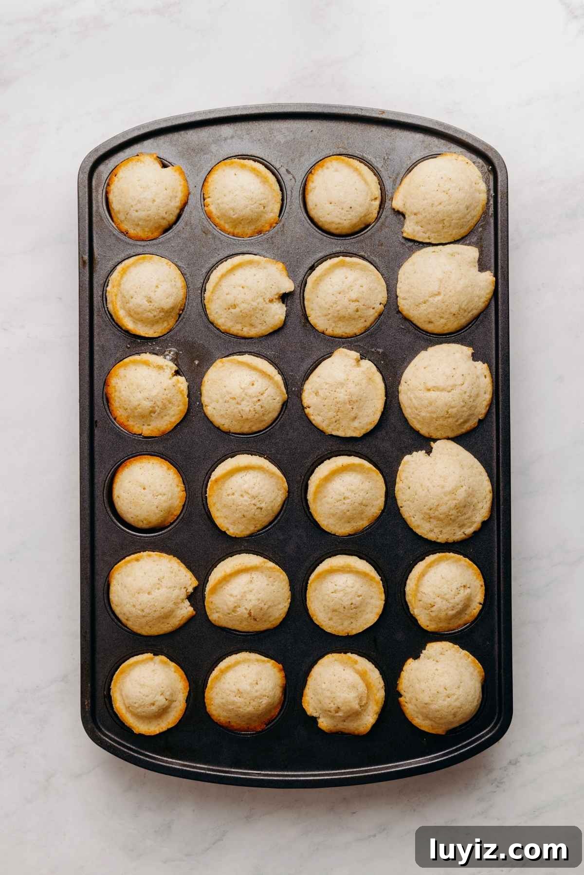 Mini French Breakfast Puffs: Airy, Jam-Filled Pastry Bites 11 Baked mini french breakfast puffs in a dark nonstick mini muffin tin on a white marbled background.