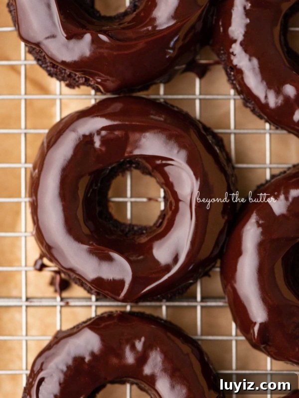 Mini French Breakfast Puffs: Airy, Jam-Filled Pastry Bites 17 Homemade baked chocolate donuts topped with chocolate ganache glaze on a wire cooling rack.