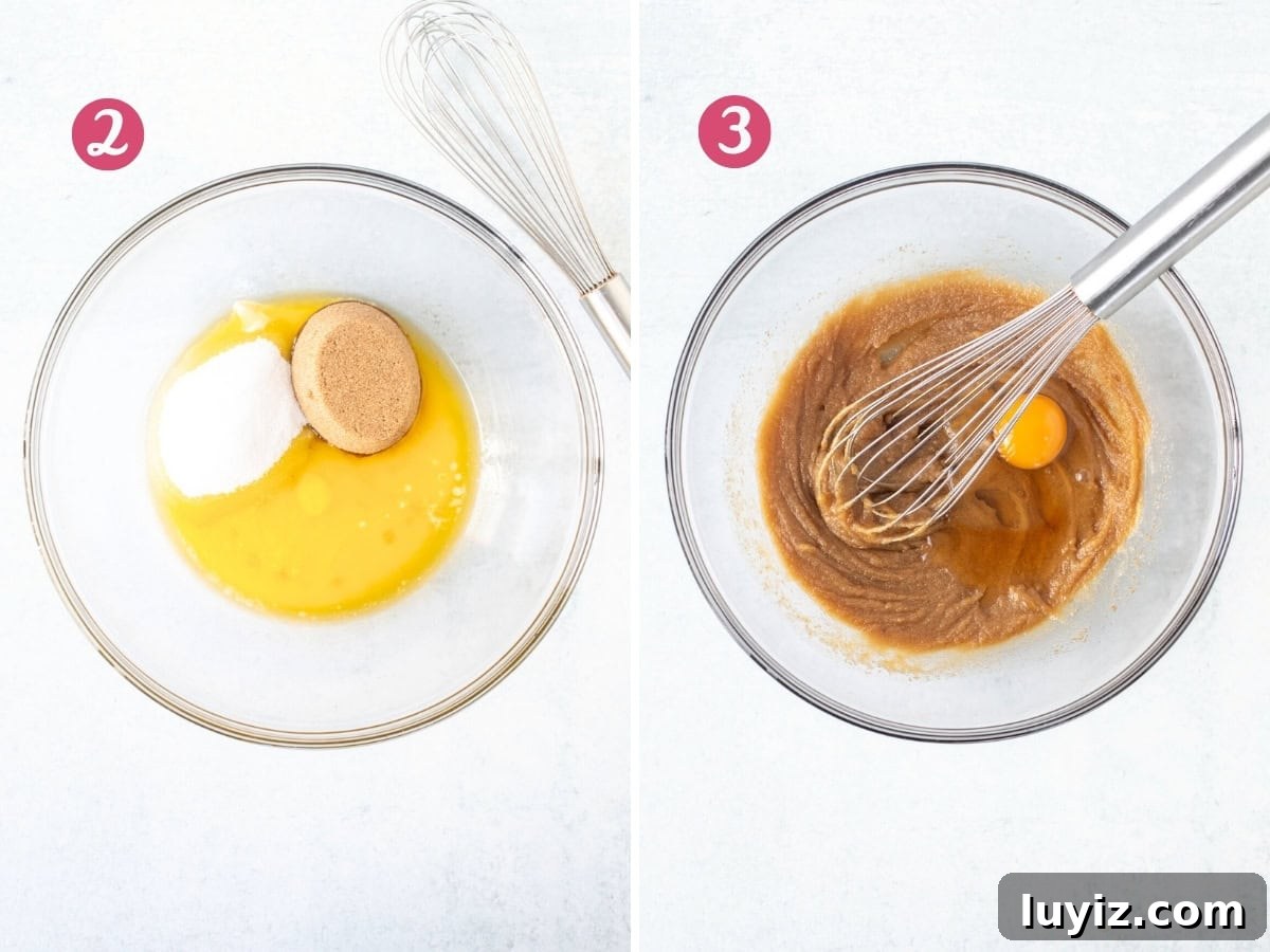 Mini Chocolate Chip Cookie Recipe: Bite-Sized Cookies for Snacking 4 Bowl of melted butter with granulated sugar and brown sugar, and bowl of ingredients whisked together with egg and vanilla extract added