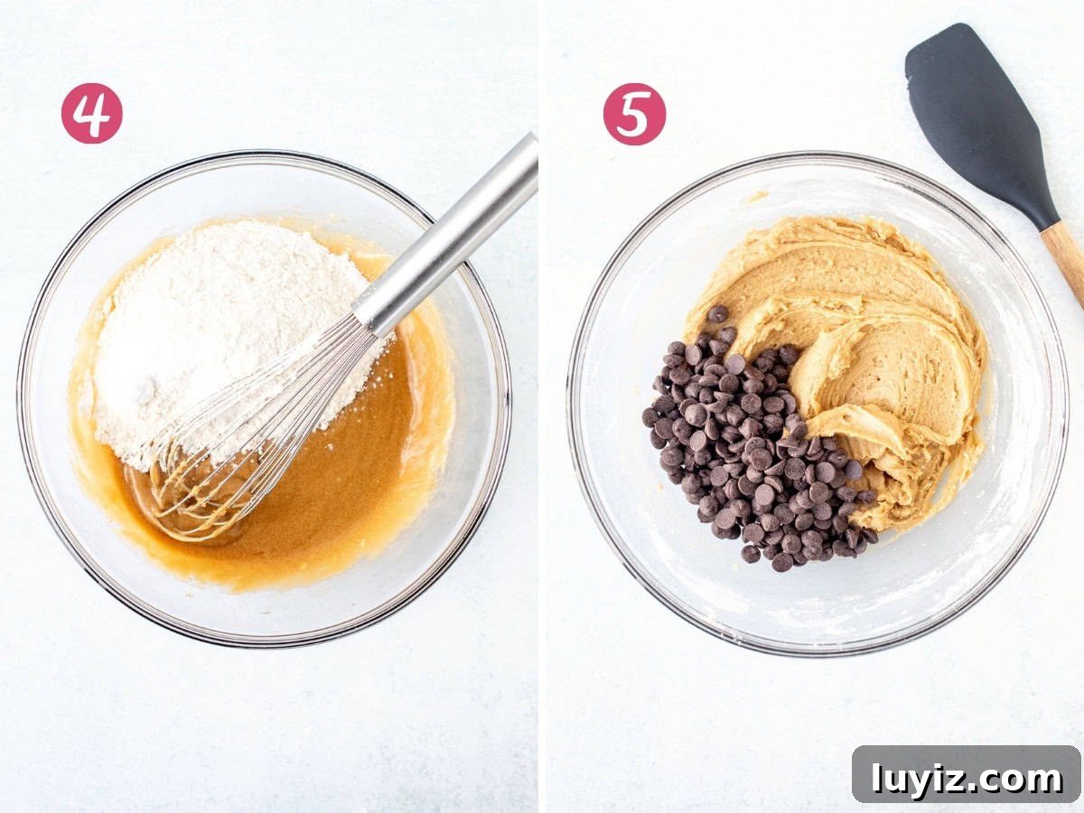 Mini Chocolate Chip Cookie Recipe: Bite-Sized Cookies for Snacking 5 Dry ingredients added into a bowl of cookie dough, and bowl of chocolate chips added into cookie dough