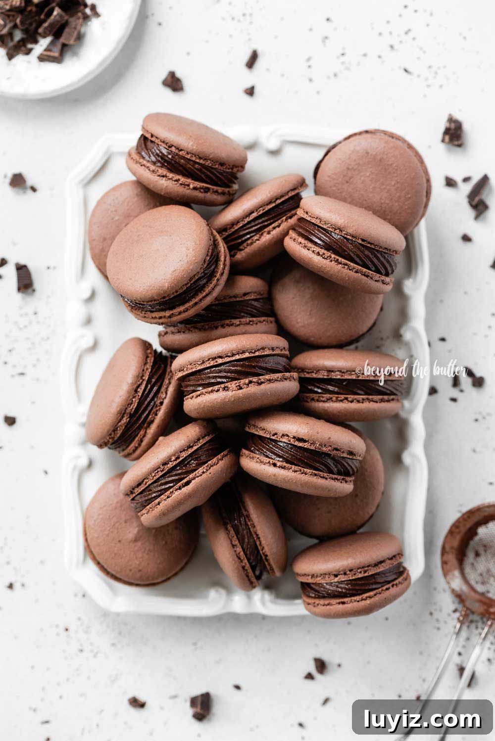 Decadent Dark Chocolate Macarons Recipe for Perfect Crisps 2 Plate full of dark chocolate macarons | All Images © Beyond the Butter™