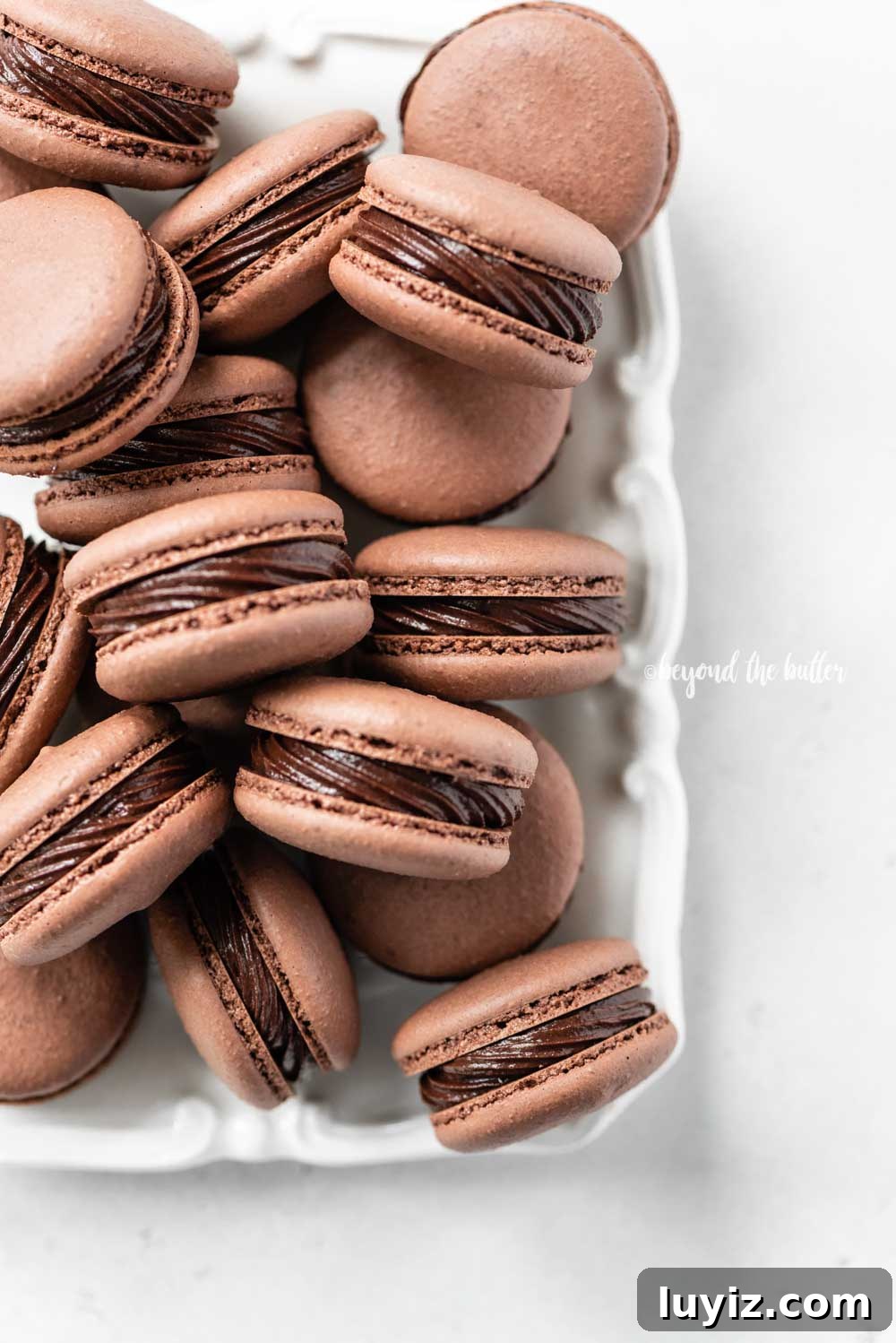 Decadent Dark Chocolate Macarons Recipe for Perfect Crisps 11 Overhead image of rectangular white plate full of chocolate macarons | All Images © Beyond the Butter™