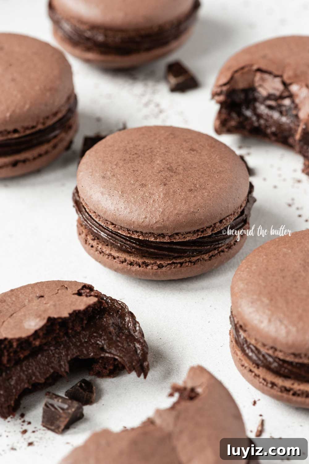 Decadent Dark Chocolate Macarons Recipe for Perfect Crisps 14 Scattered dark chocolate macarons with some broken or pulled apart | All Images © Beyond the Butter™