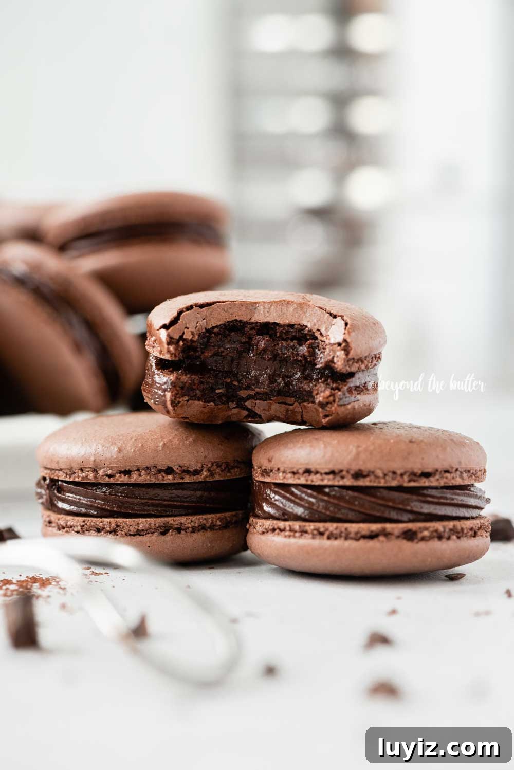 Decadent Dark Chocolate Macarons Recipe for Perfect Crisps 3 Small stack of chocolate macarons with a bite taken out of the top macaron with a bigger stack in the background with a sifter | All Images © Beyond the Butter™