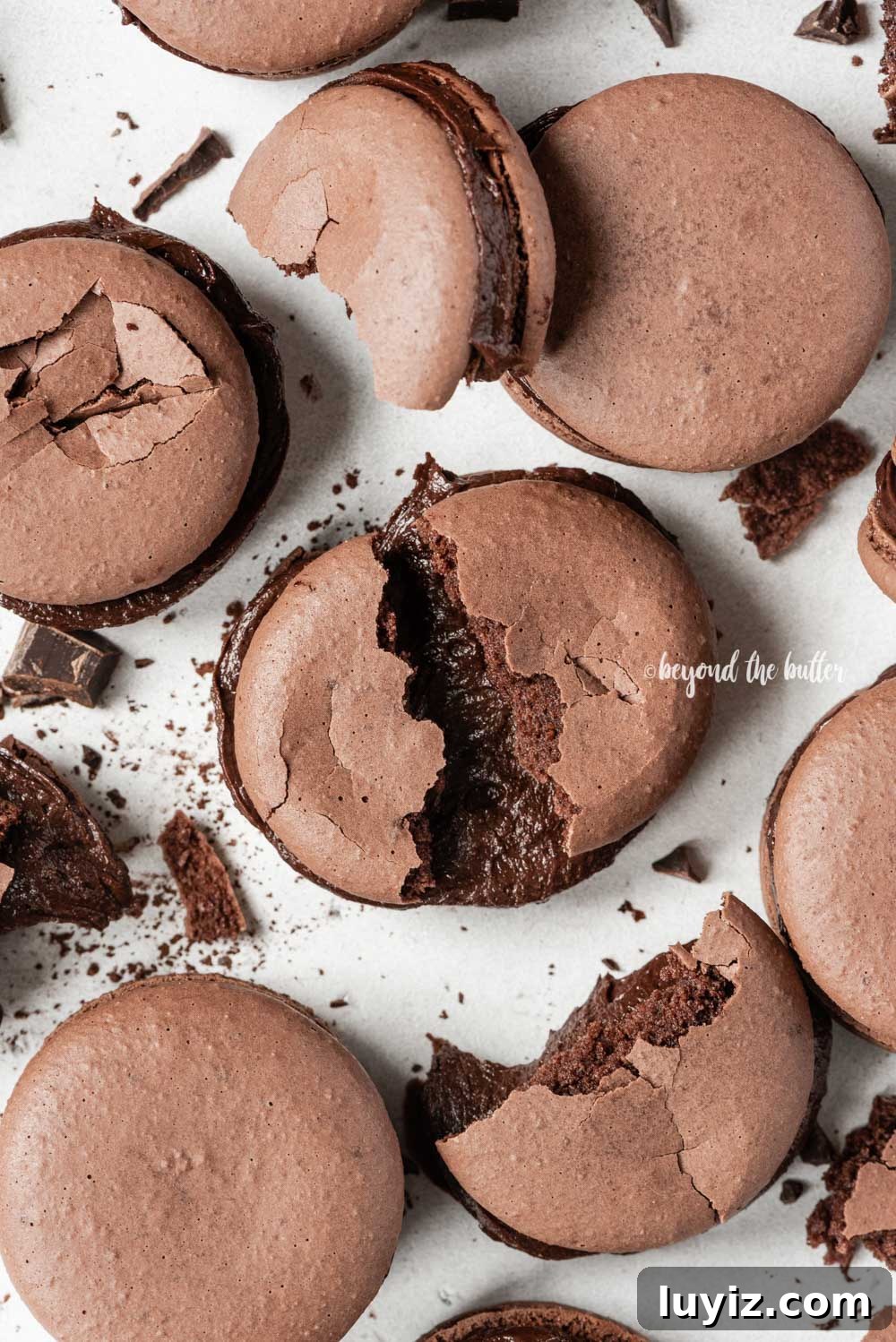 Decadent Dark Chocolate Macarons Recipe for Perfect Crisps 4 Scattered dark chocolate macarons with some broken or pulled apart | All Images © Beyond the Butter™