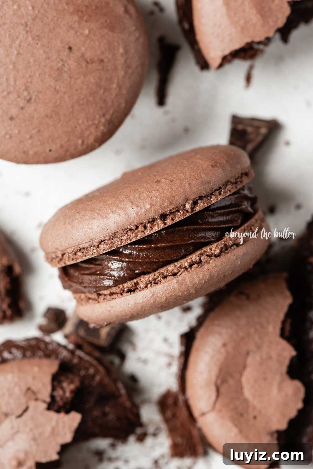 Decadent Dark Chocolate Macarons Recipe for Perfect Crisps 7 Overhead image of scattered dark chocolate macarons with close up and centered on its side | All Images © Beyond the Butter™