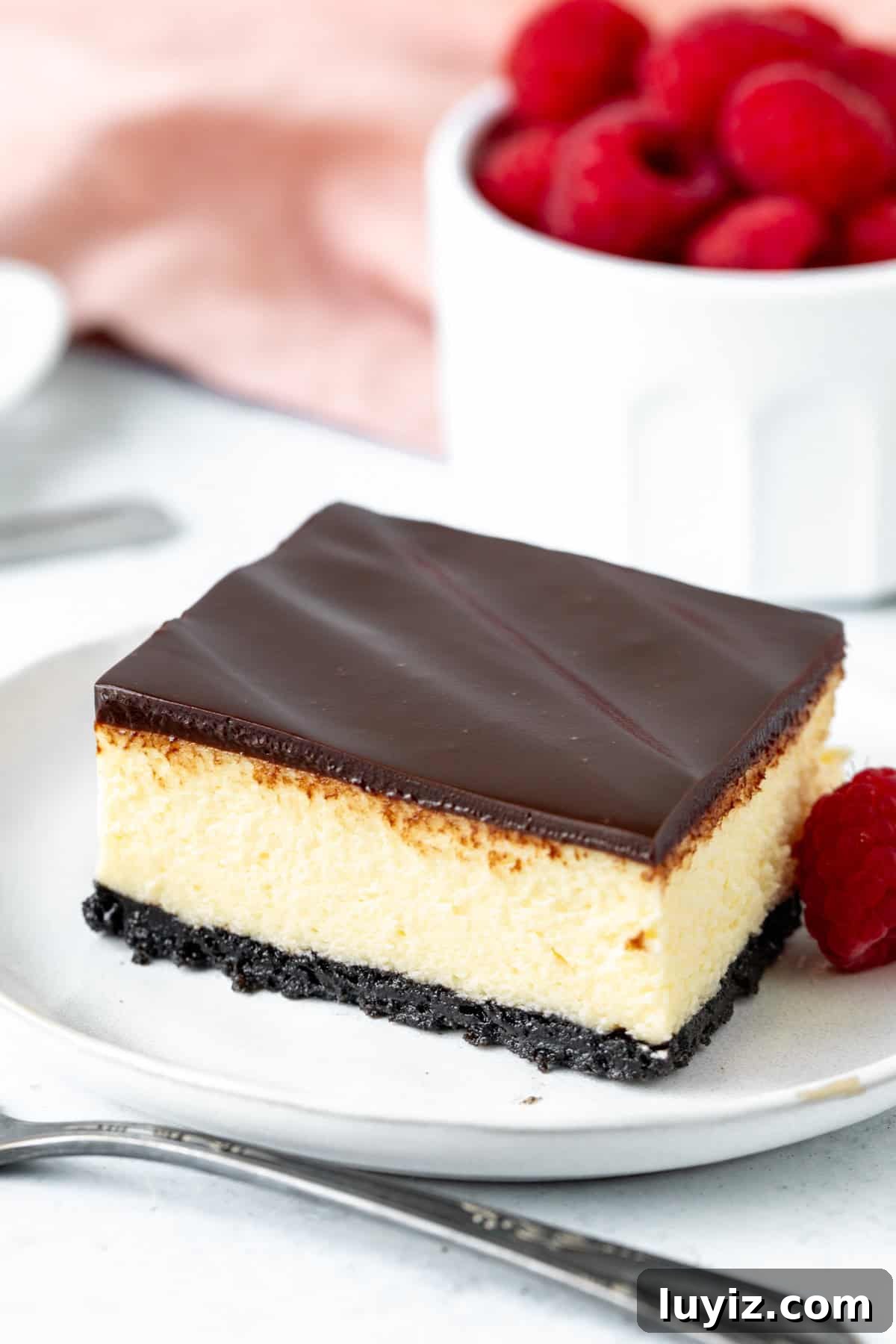 Creamy White Chocolate Cheesecake Bars Recipe 2 White chocolate cheesecake bar with chocolate ganache topping with small bowl of raspberries