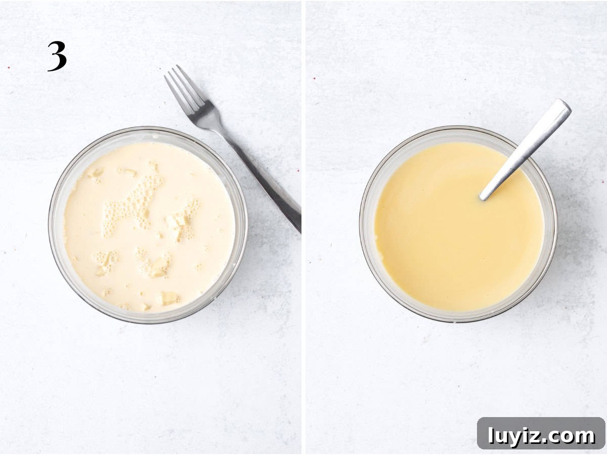 Creamy White Chocolate Cheesecake Bars Recipe 5 Bowl of chopped white chocolate with hot cream poured over top