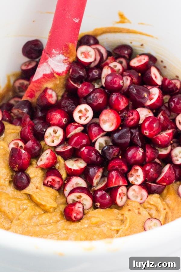 Cranberry Pumpkin Cake with Cream Cheese Frosting Recipe 4 Overhead view of pumpkin cranberry cake batter before cranberries are folded in.