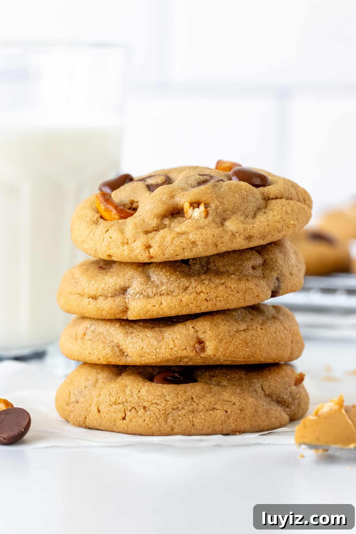 Peanut Butter Pretzel Chocolate Chip Cookies Recipe 3 Stack of four thick peanut butter pretzel chocolate chip cookies