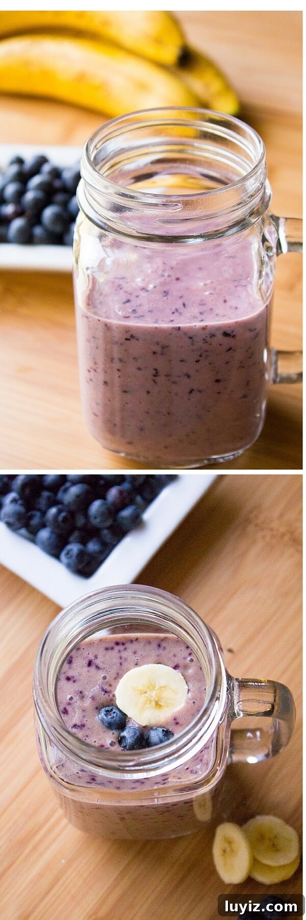 Creamy Blueberry Banana Smoothie Recipe for Quick Breakfast 4 Blueberry Banana Smoothie! Thick & creamy, tastes delicious & totally healthy - have this smoothie for an on-the-go breakfast or healthy snack! www.justsotasty.com