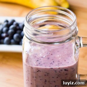 Creamy Blueberry Banana Smoothie Recipe for Quick Breakfast 5 Blueberry Banana Smoothie. Thick & creamy, tastes delicious & totally healthy - have this smoothie for an on-the-go breakfast or healthy snack!