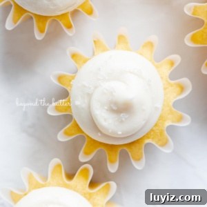 Mini Vanilla Cupcakes Recipe for Small Batches 11 Close up image of four vanilla cupcakes frosted with vanilla buttercream frosting and topped with sparkling sugar randomly placed on white background.