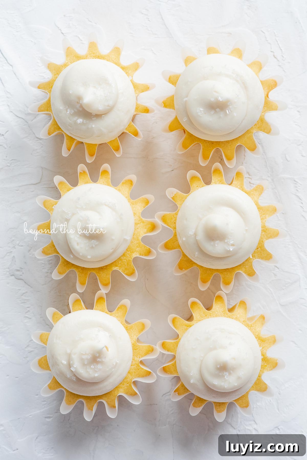 Mini Vanilla Cupcakes Recipe for Small Batches 5 Overhead image of six small batch vanilla cupcakes with vanilla buttercream frosting sprinkled with sparkling sugar in two columns on white background.