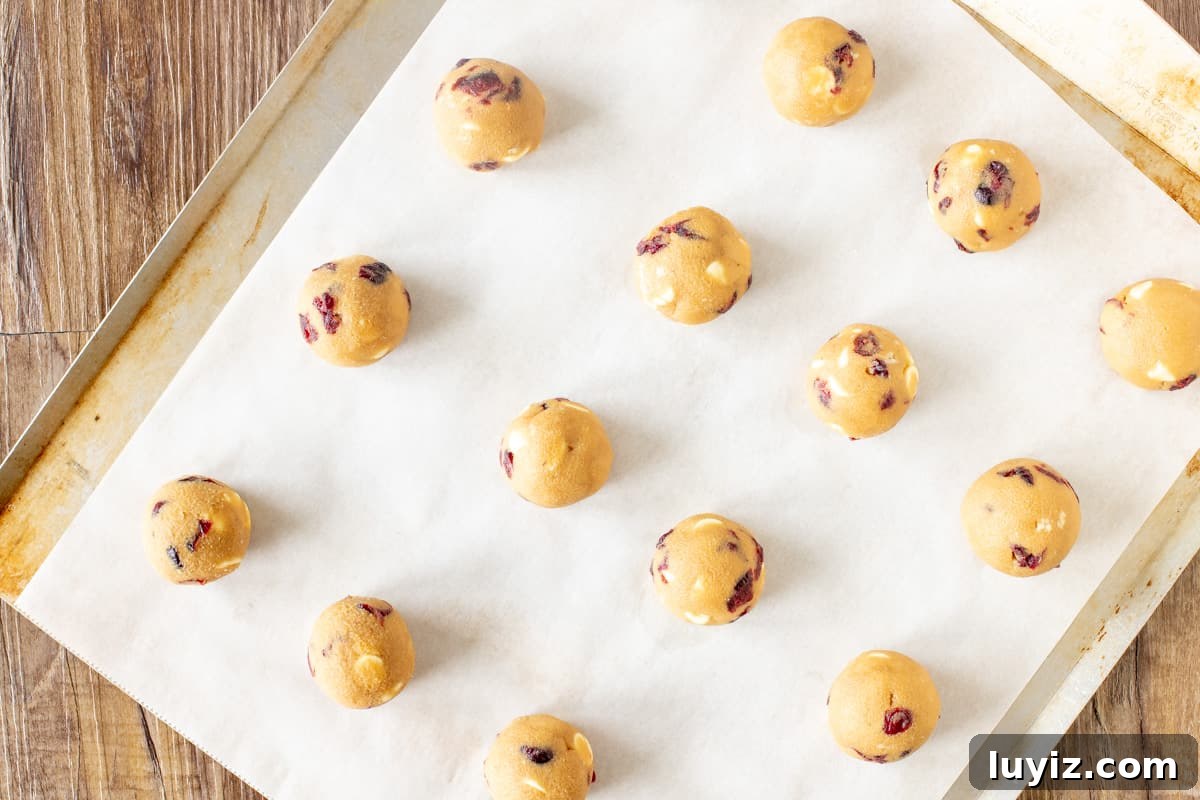 Cranberry White Chocolate Cookie Recipe for Festive Baking 3 Cookie tray with cookie dough balls.