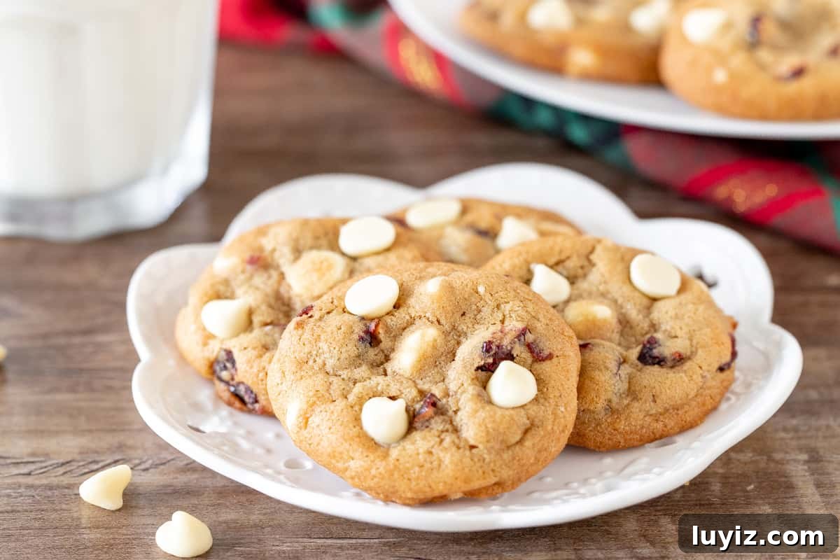 Cranberry White Chocolate Cookie Recipe for Festive Baking 4 Plate of cranberry white chocolate cookies with a glass of milk.