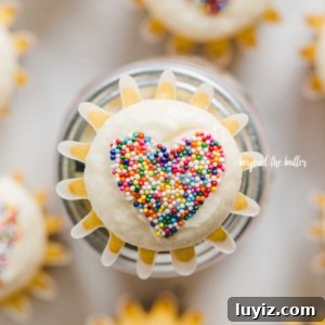 How to Make Sprinkled Heart Cupcakes: Step-by-Step Tutorial 14 Overhead image of sprinkled heart cupcakes on white background with center cupcake on top of jar.