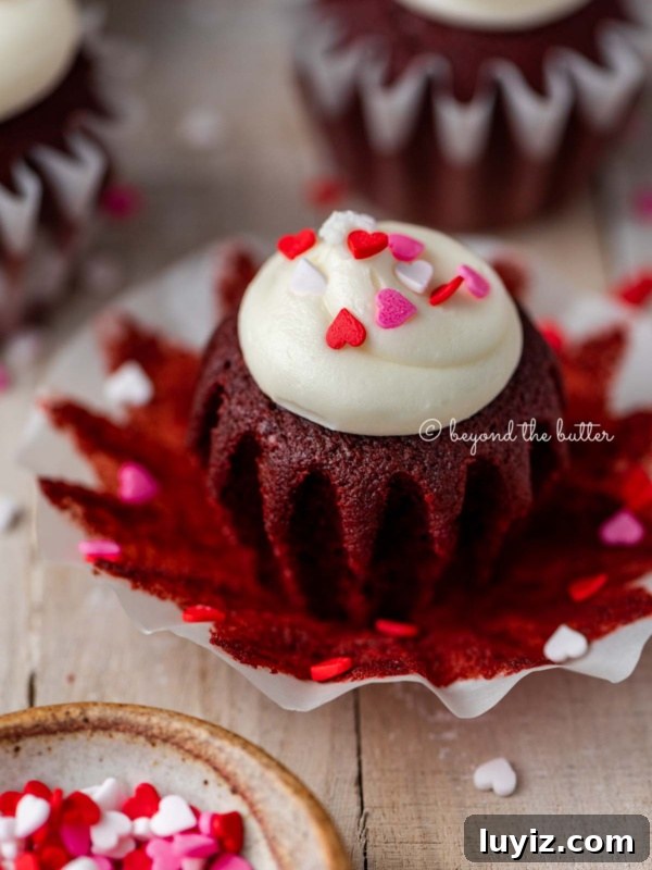 How to Make Sprinkled Heart Cupcakes: Step-by-Step Tutorial 7 Opened red velvet cupcake with cream cheese frosting topped with heart sprinkles.