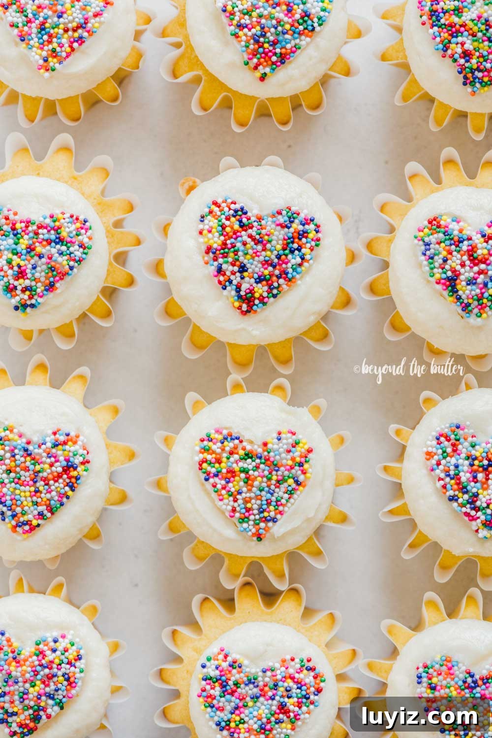How to Make Sprinkled Heart Cupcakes: Step-by-Step Tutorial 8 Overhead image of sprinkled heart cupcakes on white/gray background | All Images © Beyond the Butter™