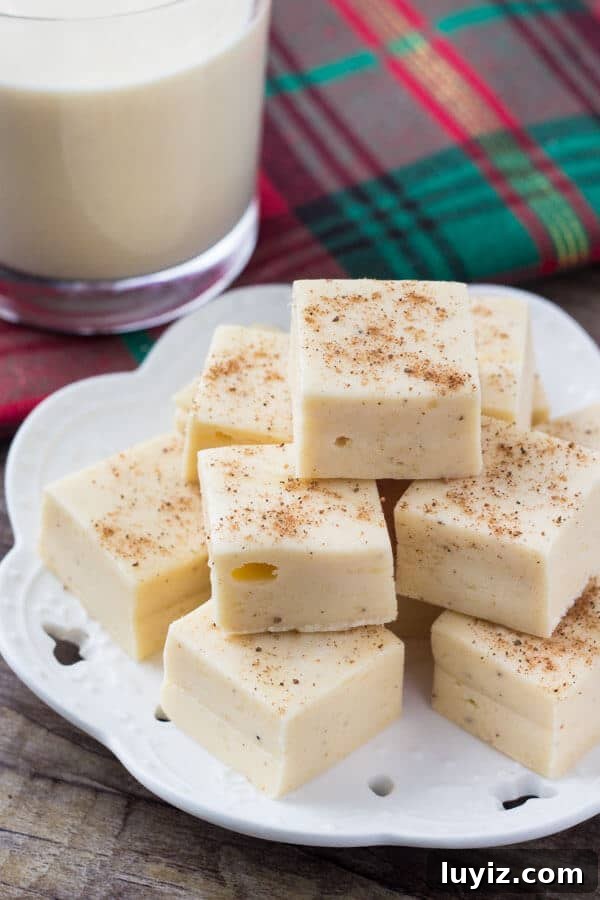 Decadent Eggnog Fudge Recipe for Holiday Parties 2 This eggnog fudge is smooth, creamy & tastes like Christmas. With a hint of nutmeg and creamy eggnog flavor - it makes the perfect gift too!