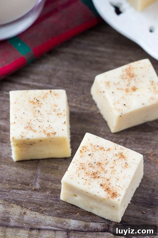 Decadent Eggnog Fudge Recipe for Holiday Parties 3 This eggnog fudge is smooth, creamy & tastes like Christmas. With a hint of nutmeg and creamy eggnog flavor - it makes the perfect gift too!