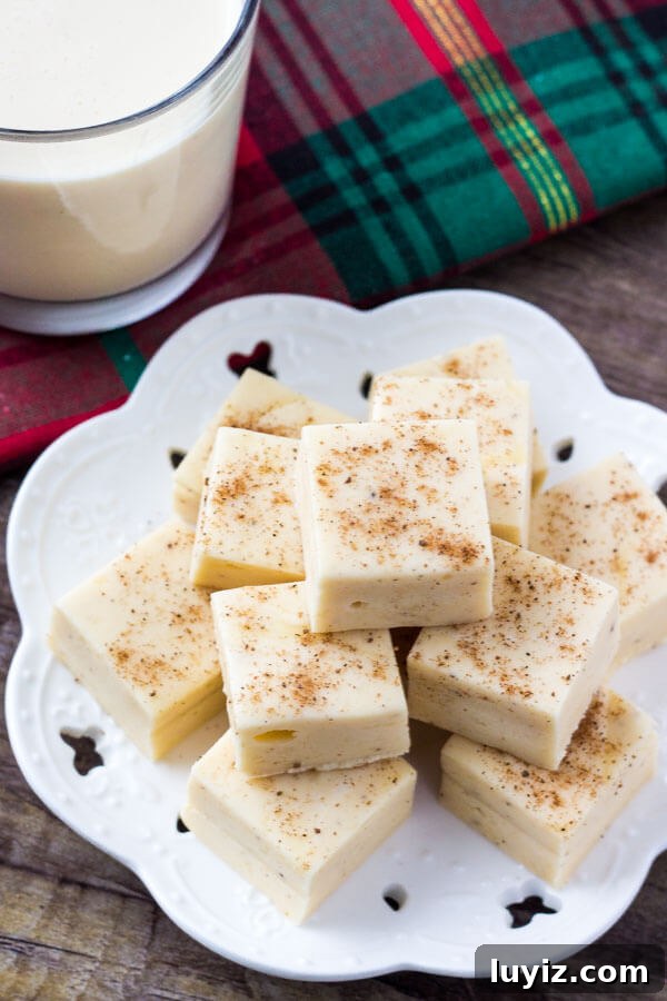 Decadent Eggnog Fudge Recipe for Holiday Parties 4 This eggnog fudge is smooth, creamy & tastes like Christmas. With a hint of nutmeg and creamy eggnog flavor - it makes the perfect gift too!