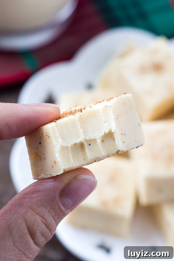 Decadent Eggnog Fudge Recipe for Holiday Parties 5 This eggnog fudge is smooth, creamy & tastes like Christmas. With a hint of nutmeg and creamy eggnog flavor - it makes the perfect gift too!